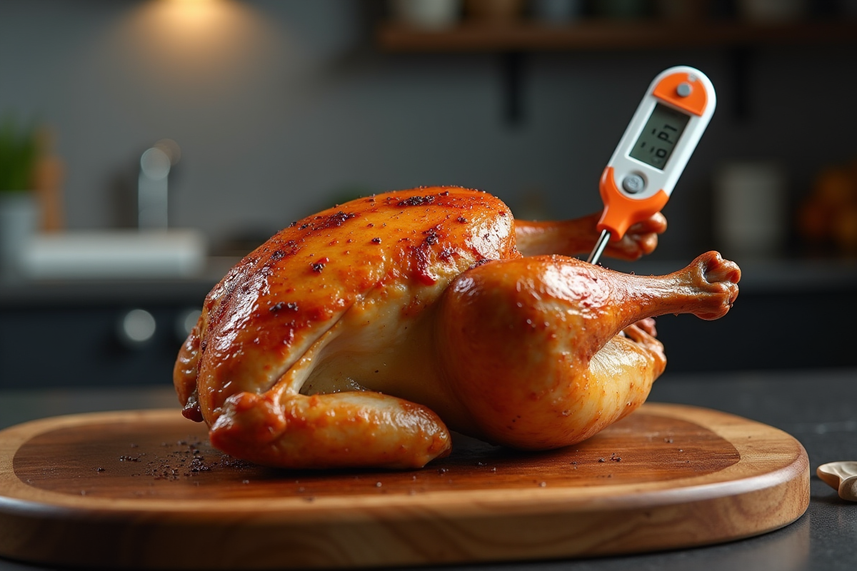 Utilisation d’un thermomètre à viande pour une cuisson parfaite du poulet